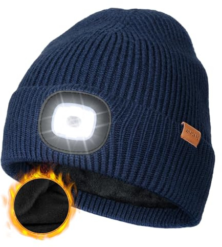 Wmcaps Mütze mit LED Licht, Type-C, wiederaufladbar, warme Futter, Geschenk | Dehnbar-weich, Freihändige Stirnlampe, Wintermütze für Herren, Ideal für Joggen, Hundespaziergänge und nächtliche Arbeiten.