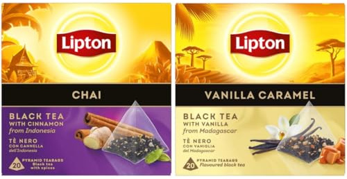 Lipton - Mix de saveurs Thé Noir: Orange, Fruits Rouges,Vanille Caramel, Earl Grey, Citron, Pêche Mangue, 120 Sachets Pyramid + 1 Verre Lipton Offert