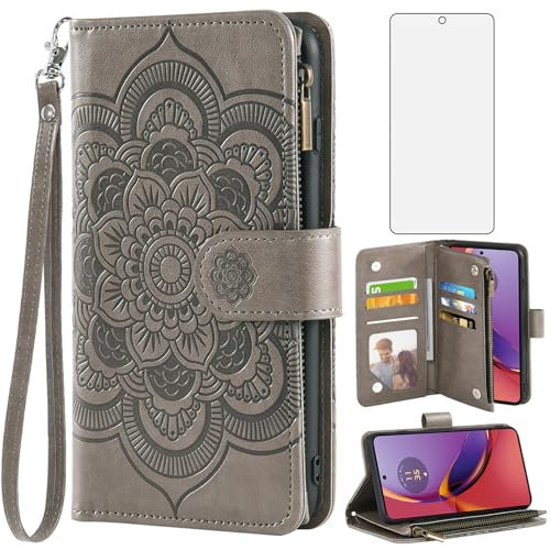Asuwish Funda para Motorola Moto G84 5G con Cristal Templado Protector Pantalla Vidrio Pelicula Protectora Libro Cuero Piel Tarjetero Soporte G 84 84G XT2347-2 Tapa Carcasa Protección Capa Case Gris