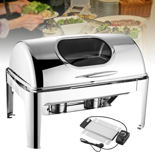 9L Electric Chafing Dish, 2-in-1 Portable Food Warmer with Heating Plate，Adjustable Temperature Control/Visual Glass，Stainless Steel Rectangular Chafing Dish，for Catering Parties Events