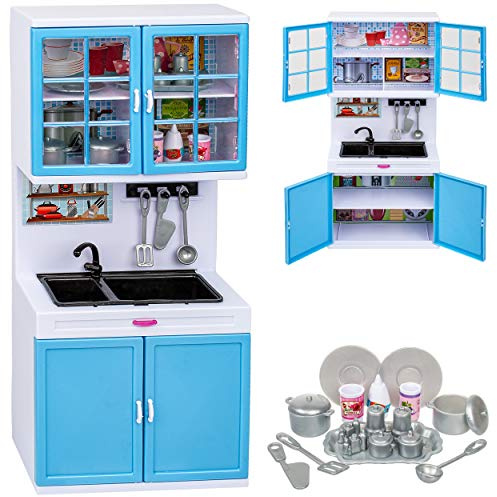 alles-meine.de GmbH Puppenhaus Möbel - 31 cm groß - Spüle + Vorratsschank - mit Zubehör - Miniatur Puppenstube Küche - passend für alle gängigen Modepuppen - Geschirr Küchenspüle..