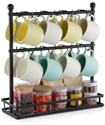 VEVOR Coffee Mug Holder for Countertop, 16 Hooks Coffee Cup Holder with Storage Base, 2 Tier Mugs Tree Rack Carbon Steel Mug Display Stand, for Home Coffee Bar Storage and Display (Matte Black)
