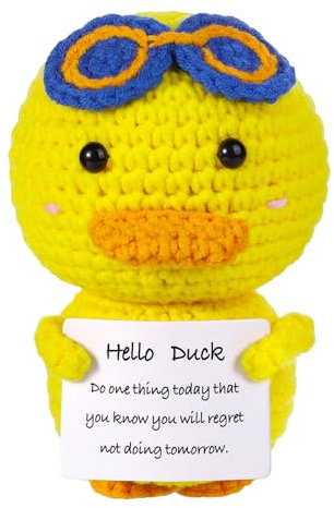 Hshenjhu Divertido Pato Amarillo Positivo, 9,5 x 5cm Juguete de Pato Amarillo de Punto con Tarjeta de Positividad, Peluche Positivo Muñeca para Familia, Amigos, Fiesta, Decoración del Hogar