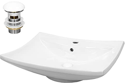 LuxeBath Waschbecken Keramik 605x460x165 mm Weiß mit Ablaufgarnitur Weiß, Aufsatzbecken mit Überlauf, Aufsatzwaschbecken für Badezimmer/Gäste-WC, Waschtisch Waschschale Waschplatz Handwaschbecken