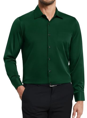 Enlision Herrskjorta, långärmad, stretch, strykfri, affärsskjorta, fritidsskjorta, normal passform, unifärger, bröllop, kostymskjorta med ficka, Grön B, XL