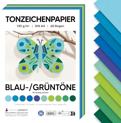 MarpaJansen Tonzeichenpapier Blau/Grün DIN A4 zum Basteln & Gestalten | 60 Bogen in 10 Farben, 130 g/qm² stabiles Papier | Blauer Engel zertifiziert, ideal für Karten & DIY Projekte