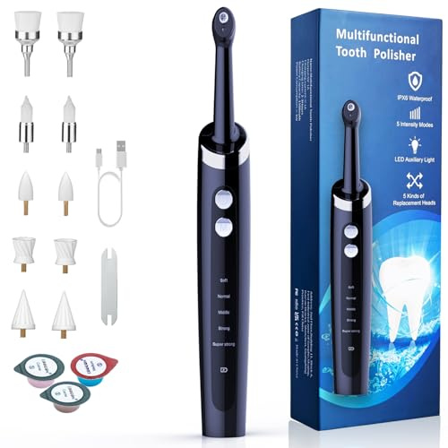 Tooth Polisher with LED Light, Rechargeable Teeth Polisher for Teeth Whitening Cleaning Kit with 10 Replacement Heads, 5 Intensity Modes, 6 Polishing Paste, IPX6 Waterproof Teeth Polishing Kit (Blue)