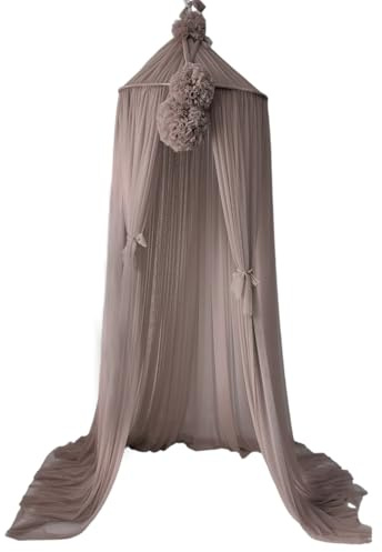KOELL Baldachin Kinderzimmer – Betthimmel mit Pompons und Schleifen, Metallring zur Deckenmontage, Höhenverstellbar 240–300 cm, Oeko-Tex Tüll, Beige Taupe