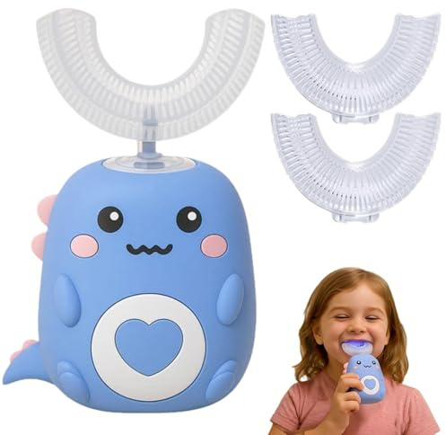 Brosse à Dent Électrique Enfant,Loulou Smile Brosse a Dent, Brosse à Dents à Ultrasons à 360º pour Enfants,Brosses à Dents Électrique avec 2 Têtes de Brosses Silicone en Forme de U (Bleu,2-6)
