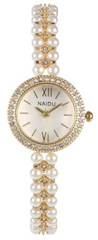 JSDDE Montre pour Femme avec Bracelet Fin en Perles et Strass, Élégant Montres Analogique Quartz Cadran Rond Brillant Pavé de Strass Chiffres Romains, Montre Habillée Poignet en Acier Filles (Or)