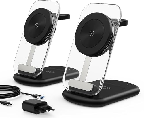 Induktive Ladestation Kompatibel mit Mag Safe Ladegerät,Schwarz 2er Pack | iPhone Ladestation für iPhone 17e/Air-12 Serie,15W Wireless Charger für Apple Watch und Airpods,Nachtlicht,faltbar,Portable