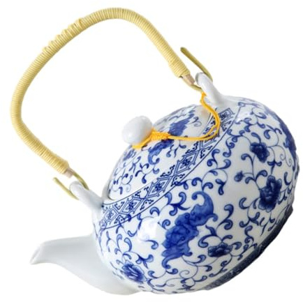 Théière Chinoise Rétro Grosse Capacité en Céramique Bleu Blanc | Façonnée à Main, Résistante à Chaleur, Poignée Intégrée, pour Maison et Bureau