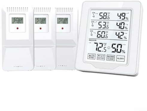 Qualoramall Kabelloses Thermometer für den Innen- und Außenbereich, mit drei Fernbedienungssensoren und großem Display mit Hintergrundbeleuchtung für Echtzeit-Temperatur- und Feuchtigkeitsüberwachung
