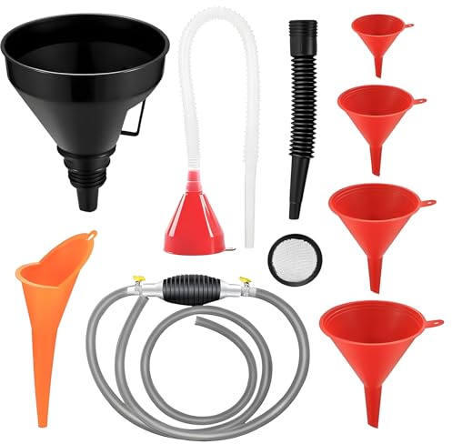 Automotive Universal Funnel Set, 8 Pcs Plastic Oil Funnel with Right Angle Flexible Engine funnel Filter Detachable Spout Long Funnels for Motorcycle Car Gasoline Coolant Engine Oil