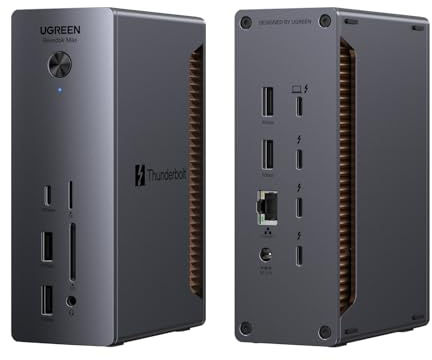 UGREEN Revodok Max Thunderbolt 5-docka 120 Gbps med 3*TBT5 (enkel 8K@60Hz max. och dubbel skärm 6K@60Hz), 13-i-1-dockningsstation med 140W laddning för bärbara datorer och 2,5 Gbps Ethernet