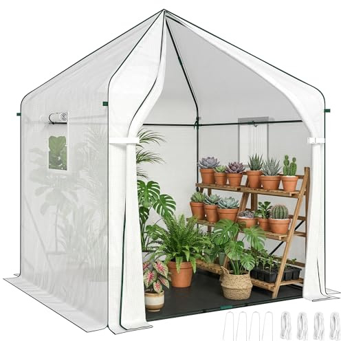 Outsunny 160 x 160 x 200 cm Walk-in Greenhouse for Outdoors with Reinforced Steel Frame and PE Cover, Large Plant House with Roll-up Door and 3 Mesh Windows, with PE Ground Cover, White