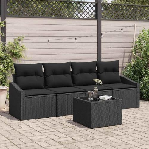 QUAHEAS Poly Rattan Sofa Set Schwarz mit 5 Modulen, Kissen, Tisch, UV-beständig, Wetterfest, für Garten, Terrasse, Balkon, Lounge