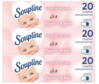 SOUPLINE Voile Sèche-Linge Adoucissant Douceur & Soin, Parfume le Linge de Maison, Complément Idéal à Votre Lessive et à Votre Adoucissant Linge, Pour Tous Sèche-Linges, Parfum Durable, 60 Lingettes