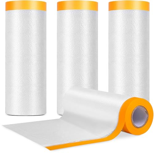4 Rouleaux Films de Masquage avec Ruban Adhésif, 240cm×20m Bâche Protection Peinture Transparent, Masker Étanche et Résistant Poussière pour Protection Sols, Décoration Murale et Revêtement Meubles