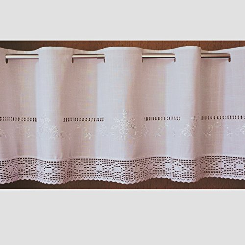 fashion and joy Scheibengardine 45x145 cm aus schöner Landhaus Serie Stickerei mit Häkelspitze in weiß Bistrogardine gehäkelt & Bestickt Country Chic Gardine Typ368