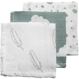 Meyco 457003 Mull/Musselin Spucktücher 3er Set 30x30cm FEDERN-WOLKE-DOTS Grau-Stone Green-Weiss