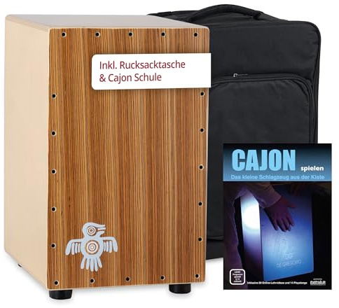 XDrum PERC CP-484 Cajon Peruana Zebrano Set (Set inkl. Cajon mit Birken-Korpus & Snareeffekt, passende Rucksack-Tasche für sicheren Transport & Aufbewahrung und Cajonschule für Einsteiger)