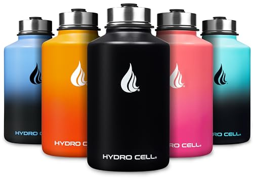 HYDRO CELL Stainless Steel Water Bottle w/Straw & Wide Mouth Lids (40oz 32oz 24oz 18oz) - Keeps Liquids Hot or Cold with Double Wall Vacuum Insulated Sweat Proof Sport Design (Black 64oz)
