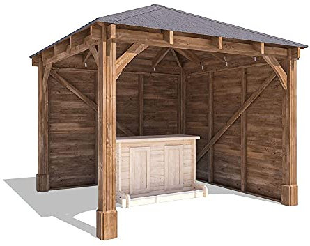 Dunster House Garden Bar Gazebo 3x3 metres Wooden Heavy Duty Pressure Treated Shelter With Black Roof Shingles, Log Bar and Two Side Panels Leviathan
