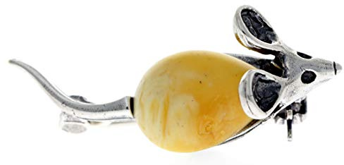 Broche souris en argent sterling 925 et ambre véritable de la Baltique 4107, 3.1 cm x 1.3 cm, Argent sterling Gemme, Ambre