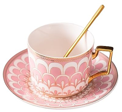 XUDREZ European Style Tea Cup & Saucer Set 8.5oz Bone China w/Golden Spoon | Elegant Pink Design, Durable Bone China, Includes Saucer And Golden Spoon, Perfect For Coffee Or Tea