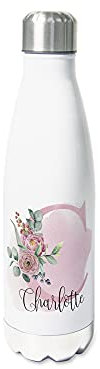GRAZDesign Trinkflasche Edelstahl personalisiert Name, auslaufsicher Einschulung Geschenk, Thermosflasche Sportflasche Kinder/Erwachsene 500ml Pfingstrose und Eukalyptus
