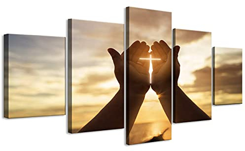 ZHONGYUTONG 5 Stück Jesus Christus Leinwand Wandkunst Gerahmt Jesus Kreuz Hand Gebet Bilder Gemälde religiöse Poster und Druck Moderne Wohnkultur (100x55cm)