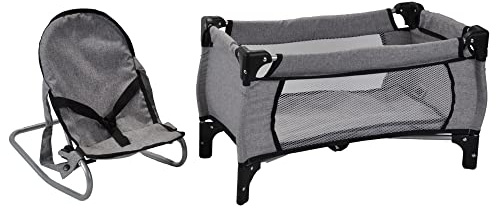 Bandits & Angels Puppenbett und Wippe Grey Angel – Grau Puppenmöbel – Stuhl mit Sicherheitsgurten und Griffen – Klappbett inklusive Aufbewahrungstasche – für Mädchen