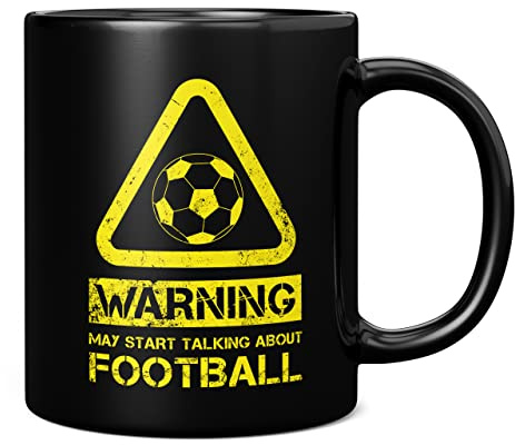 Mug Monster - Warning May Start Talking About Football Funny Gift Mug - Ceramic Coffee Cup, Gift for Men or Women, Extra Large and Giant Available, 11oz Black