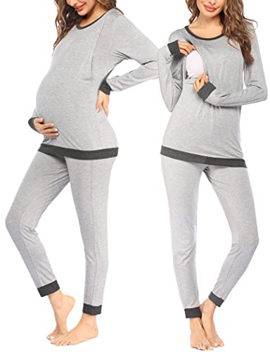 Ekouaer Pigiama Donna Premaman Pigiami maternità Manica Lunga Invernali Due Pezzi Abbigliamento da Notte Morbido Camicia da Notte, Grigio, XL