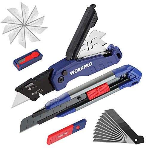 WORKPRO 2 tlg. Messer Set Cuttermesser Universalmesser Set, 18mm Aluminium-Abbrechmesser & Schnellwechsel Klappbares Teppichmesser, Inkl. 10 SK5 Trapezklingen & 10 Abbrechklingen, Für Karton, Teppich