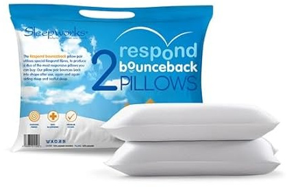 Sleepworks Littens Hotel Quality Respond Bounce Back Hollowfibre Filled Pair Pillows, Embossed Soft Touch Fabric, Machine Washable Made In UK