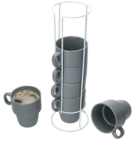 MamboCat 6er Set Kaffeebecher Stata mit Ständer I 250 ml I grau I stapelbare Porzellan-Tassen mit Henkel für Kaffee, Tee, Kakao, Cappuccino & Latte Macchiato I für Zuhause oder am Buffet platzsparend