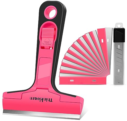 THINKLEARN Razor Blade Scraper Tool, 4 Razor Scraper with 20Pcs Replacement Blades, Pink Glass Scraper for Removing Decals, Tint, Stickers, Labels, Caulk, Adhesive from Window, Oven, Stove Top