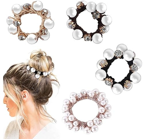 Taicols 4 Stück Scrunchies Kristall Perle Haargummis Damen, Perlen Haarschmuck Haarseile Haargummis Starke Elastische Dehnbar Haarbänder Kristall Pferdeschwanzhalter Haargummi, für Frauen Mädchen