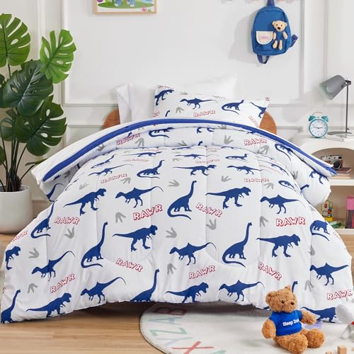 SLEEP ZONE Kids Bedding Set for Boys, Bed in A Bag Dinosaur Pattern, Super Soft and Breathable, All Season Use Comforter Set, 7 Pieces (Dinosaur Footprints, Full/Queen)