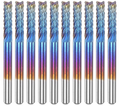 QUARKZMAN 10pcs Fin Fraises CNC Routeur Embouts 1/8 Tige 3,175 mm Bleu Revêtu Tungstène Carbure Fraisage Fraises pour pcB Acrylique Bois Aluminium Métal