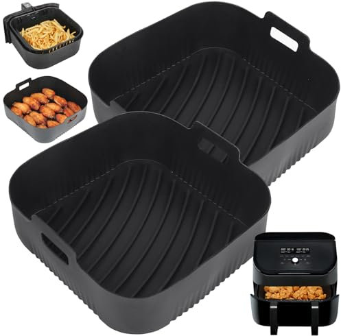 GINOYA 2pcs Large Air Fryer Liners for Ninja Air Fryer MAX PRO 6.2L, 20.5cm Silicone Square Air Fryer Accessories for Cosori 5.5-6L, Ninja AF180UK, Tefal 6.5L, Instant 5.7L Air Fryer(Outer: 23cm)