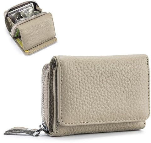 ZhaoCo Cartera Pequeña con Bolsillo con Cremallera Cartera de Cuero Genuino Portamonedas con Bloqueo RFID Monederos para Niñas y Damas - Gris