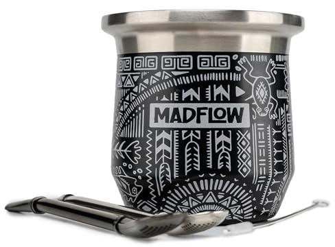 MADFLOW Calebasse Maté - Tasse Inox et 2 Bombillas Maté, Tasse Double Paroi Isolée, Kit Maté Original avec Tasse Maté et Bombilla Maté pour une Dégustation Traditionnelle