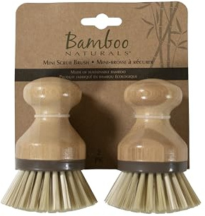 Bamboo Naturals Mini Scrub Brush, Made of Sustainable Bamboo and Recycled Plastic, Scrub Pots, Pans, Vegetables, and More, Pack of 2