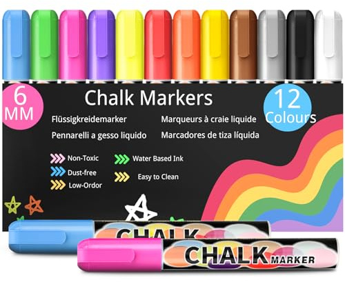 Dailyset 12 Kreidestifte für Tafel Abwaschbar, 6mm Kreidestift Kreidemarker Fenster mit Whiteboard Marker, Fensterkreide Stifte Kinder, Glasmalstifte, Tafelstift, Feucht Abwischbar
