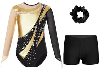 Alvivi Mädchen Turnanzug Glitzer Gymnastikanzug mit Kurze Hose Haarband Langarm Ballettanzug Turntrikot Gymnastik Kleidung Wettbewerb Tanzkostüm Gold 122-128