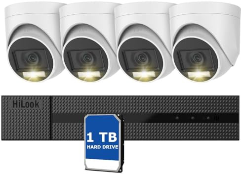 Hilook Home Wired Camera Security System with Audio, 8CH 3K Lite H.265+ AI DVR-208Q-M1 with 1TB Hard Drive, 4 x 1080P IP66 Weatherproof Cameras with Dual Light, Vehicle Detection, Color Night Vision