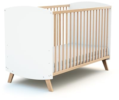 AT4 - Babybett 60x120cm Weiß und Buche| aus Holz | ab Geburt | Schlafkomfort | Lattenrost | Gitterbett | 3-fach höhenverstellbarer Lattenrost